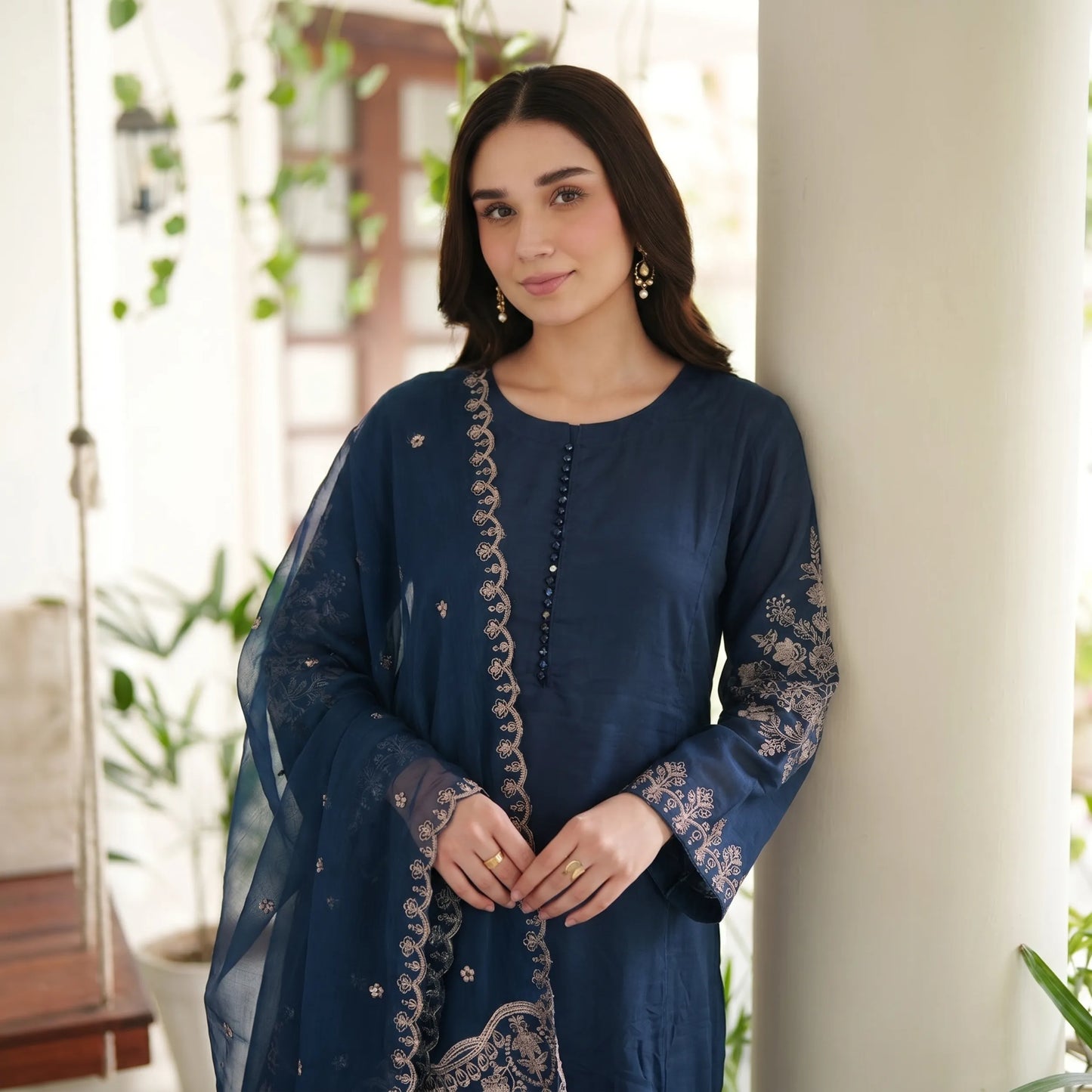 Embroidered Linen Long Frock Dress with Heavy Embroidered Chiffon Dupatta (UMNAA)