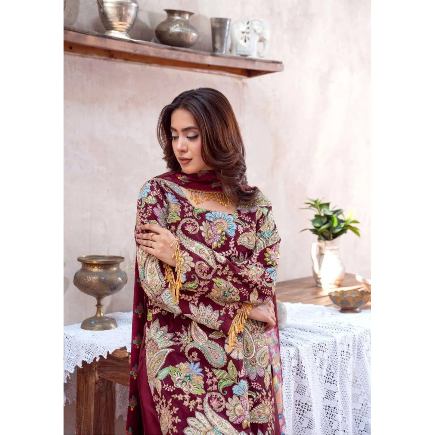 UA-225 Trendy Indian Armani Silk 3 Piece Suit by Umnaa | Embroidered Kameez with Shamoos Silk Shararah & Apple Silk Dupatta | Festive & Party Wear