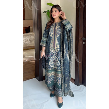 UA-229 Printed Lawn Long Kaftan Style 3  Piece Casual Summer Collection by Umnaa