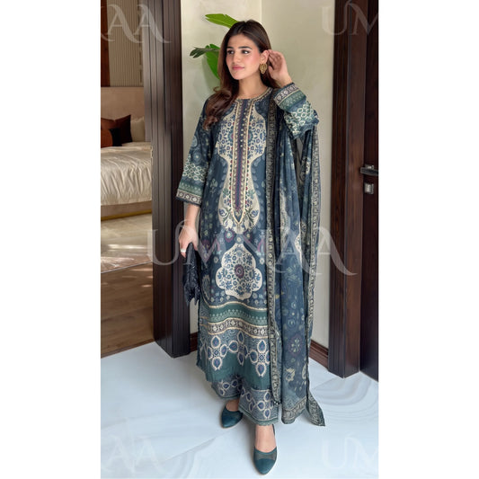 UA-229 Printed Lawn Long Kaftan Style 3  Piece Casual Summer Collection by Umnaa