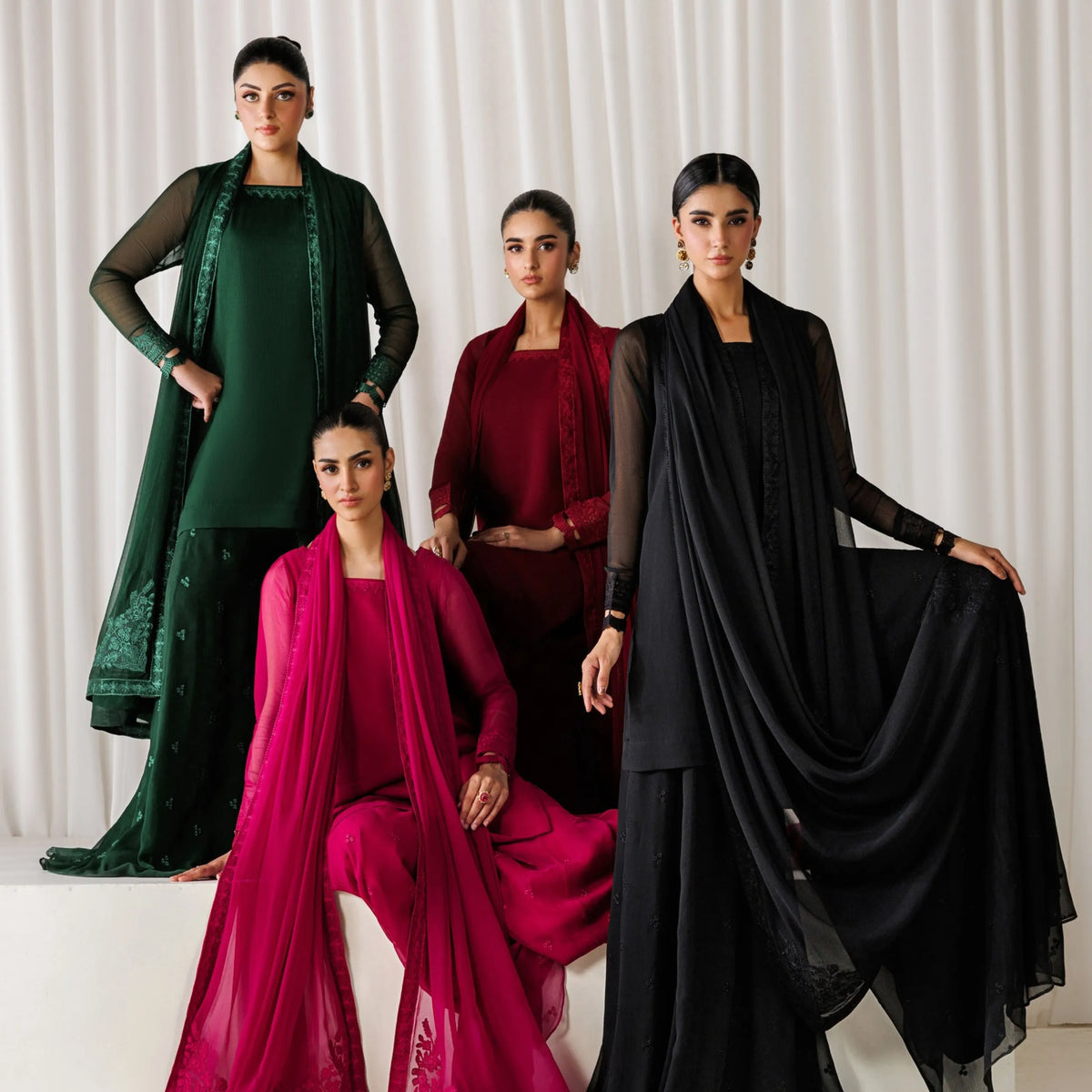 UA-230 Chiffon Sharara Full Sleeves Lined 3 Piece Suit | Chiffon Shirt with Embroidered Sharara & Dupatta | Formal Party Wear