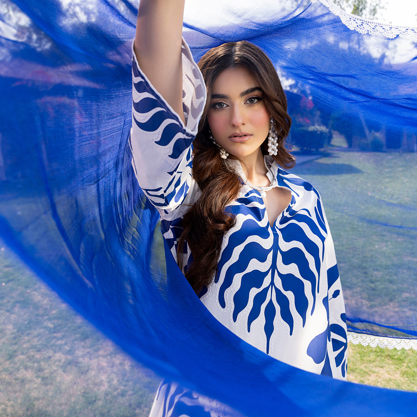 (Blue& White) trendy Farshi Shalwar Printed Cambric Cotton Embroidered Dress | Ready to Wear | Heera's