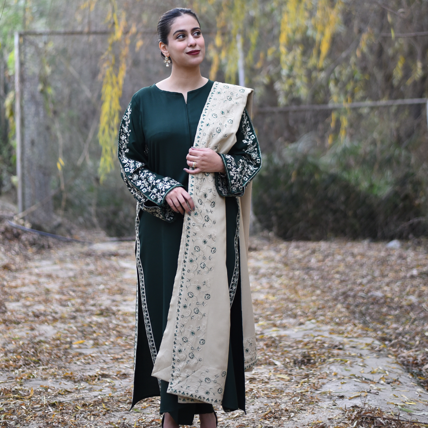 UA-29 3 Pc Embroidered Dhanak Dress with Embroidered Dhanak Shawl Pakistani Dress | UMNAA