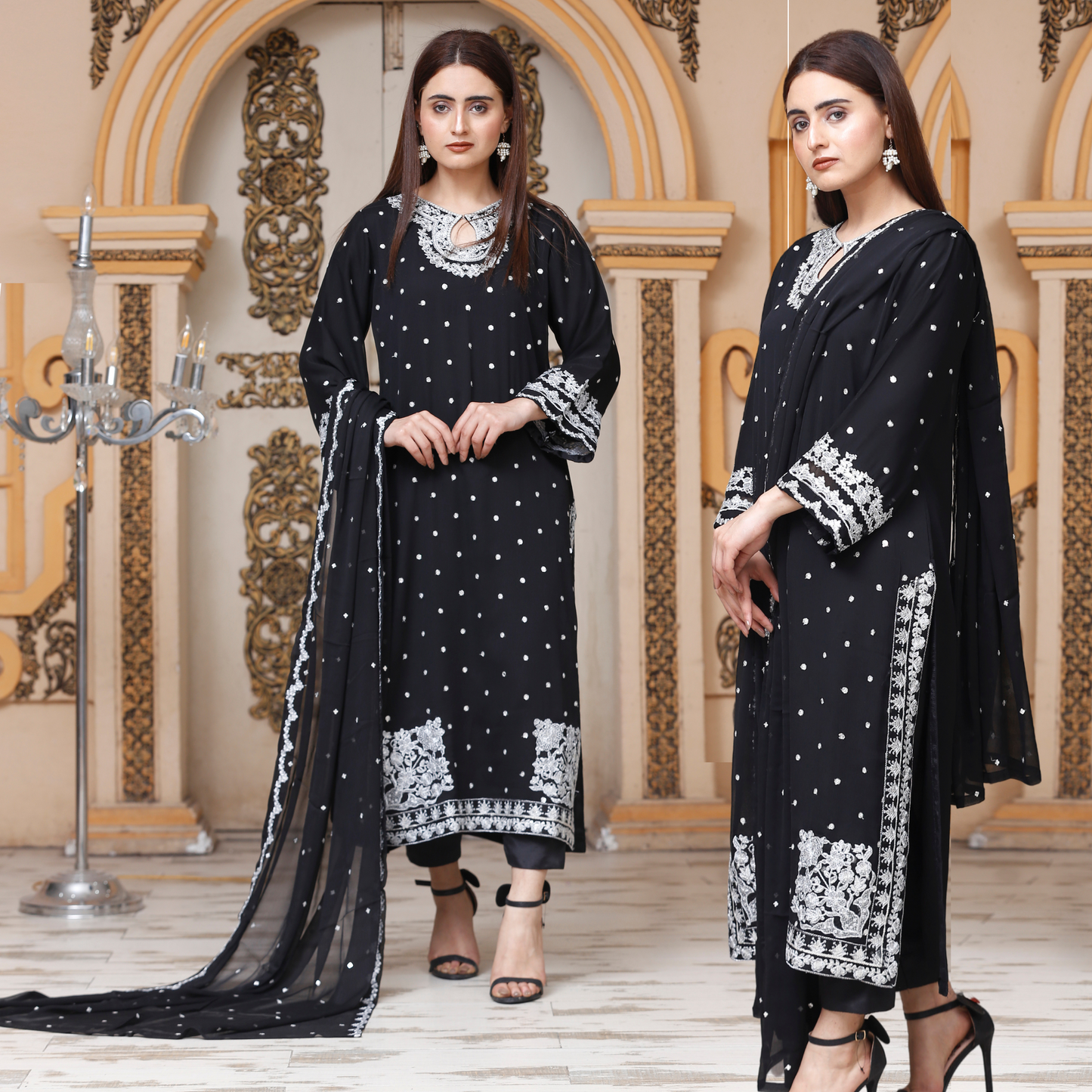UA-54 3Pc Luxury Embroidered Chiffon Dress with Chiffon Dupatta 3 Pc |Ready to Wear| Umnaa