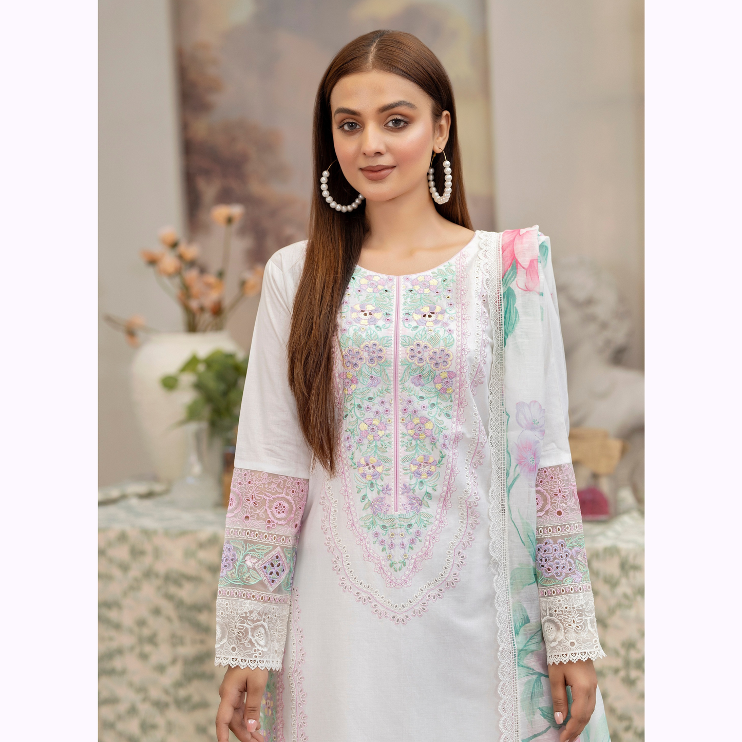 KC-1451 Embroidered Chikenkari Cotton Collection Ready to Wear 3 Pc - Karma Collection