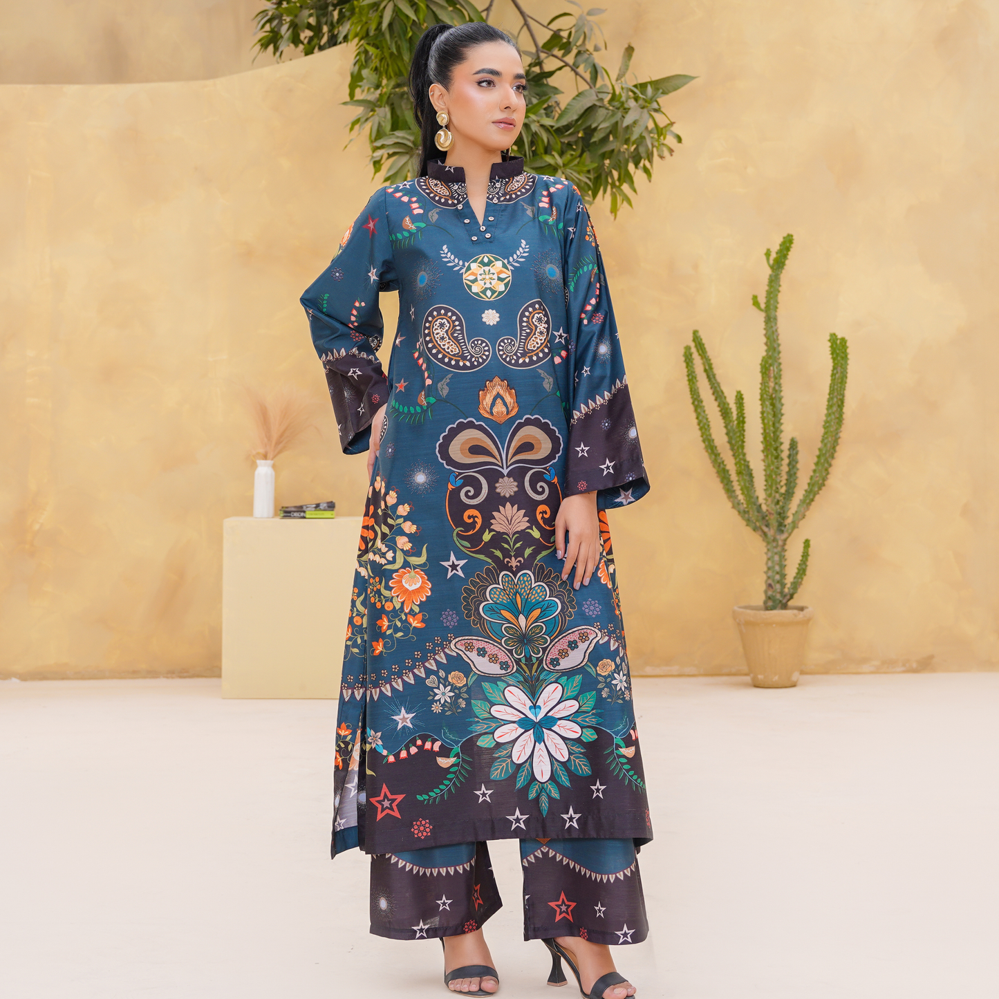 UA-157 Printed Slub Khaddar Kaftan Co-Ord Set | Winter 2 Piece Outfit