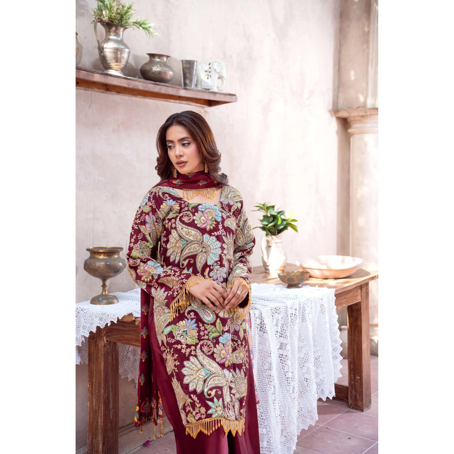 UA-225 Trendy Indian Armani Silk 3 Piece Suit by Umnaa | Embroidered Kameez with Shamoos Silk Shararah & Apple Silk Dupatta | Festive & Party Wear