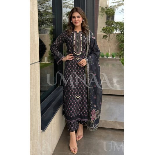 UA-229 Printed Lawn Long Kaftan Style 3  Piece Casual Summer Collection by Umnaa