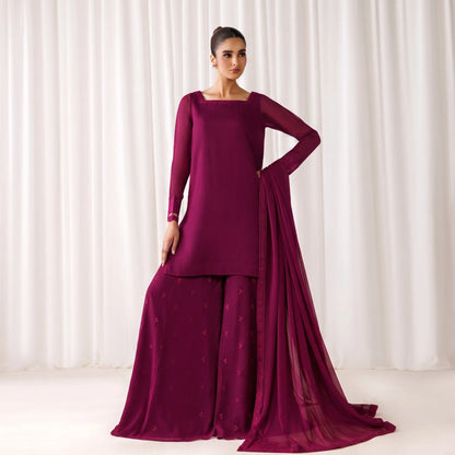 UA-230 Chiffon Sharara Full Sleeves Lined 3 Piece Suit | Chiffon Shirt with Embroidered Sharara & Dupatta | Formal Party Wear