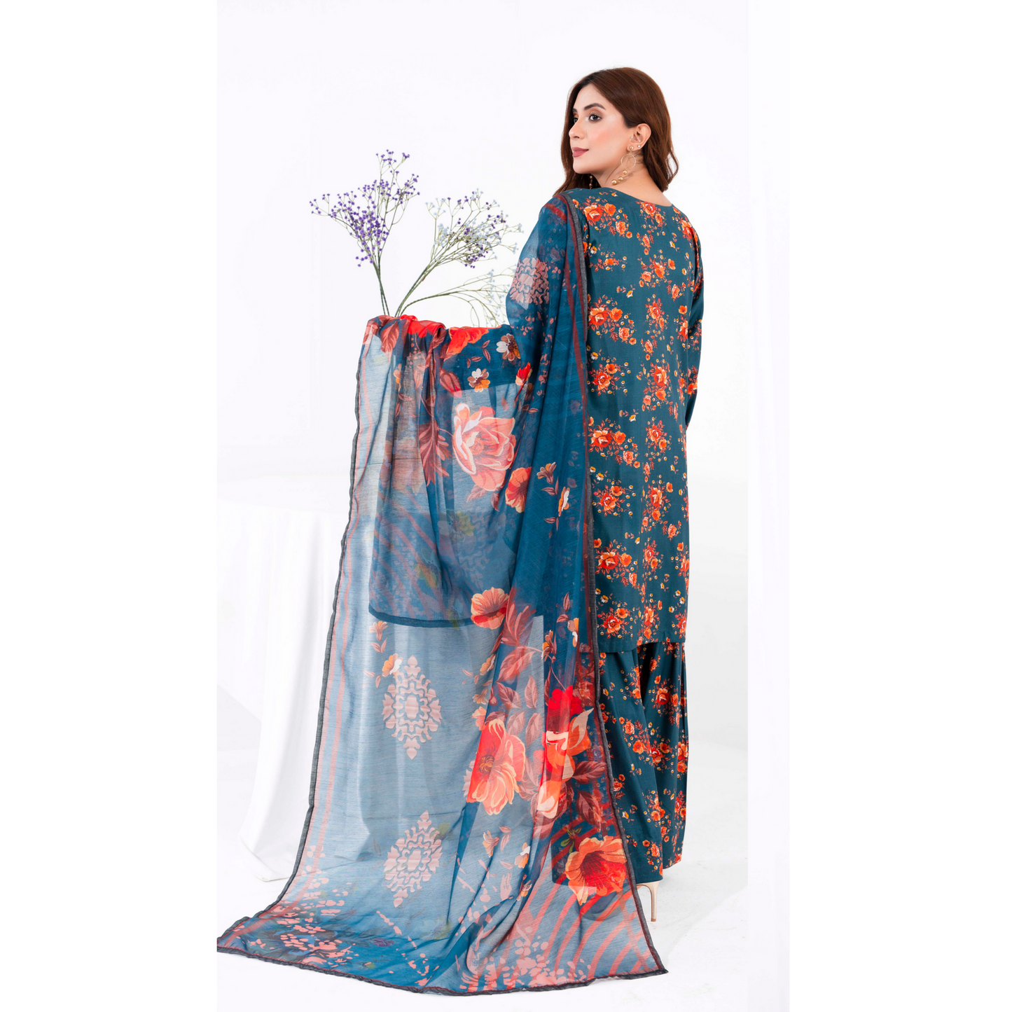 (Regal blue) 3 Pc Printed Floral Embroidered Linen Dress Winter Wear | Raniya.h