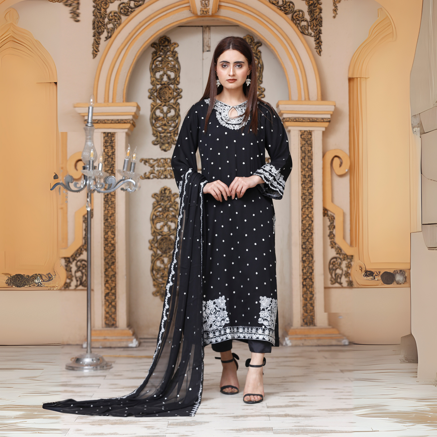 UA-54 3Pc Luxury Embroidered Chiffon Dress with Chiffon Dupatta 3 Pc |Ready to Wear| Umnaa