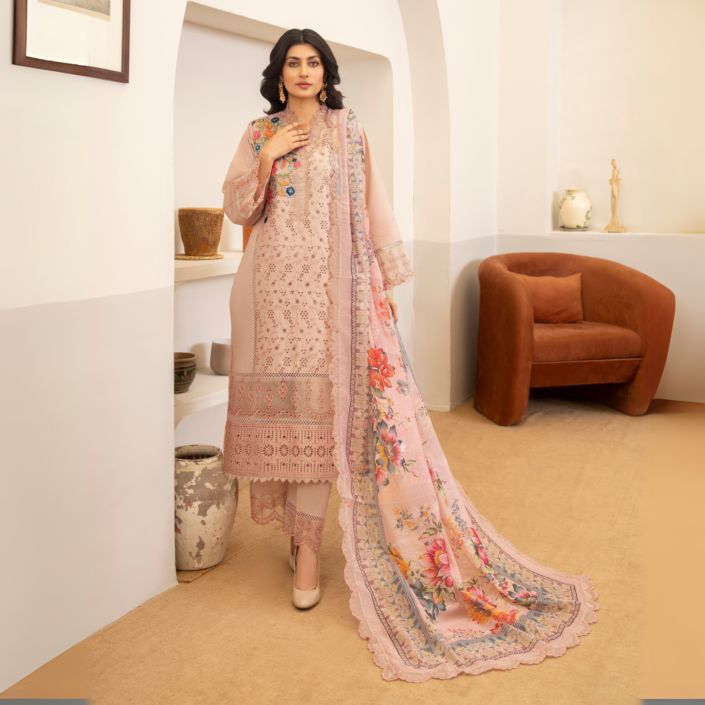 UKC-27 Embroidered Cambric Cotton Ready to Wear 3 Pc - Karma Collection