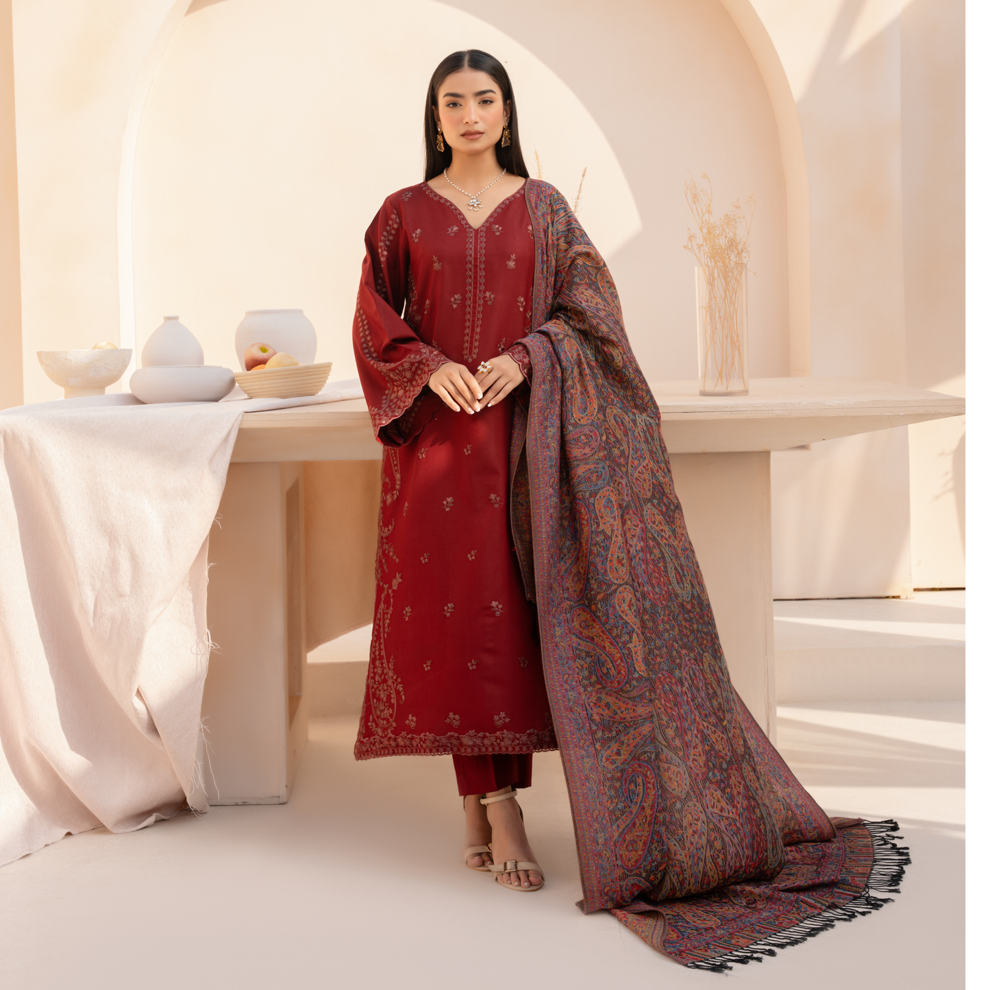 UA-140 Embroidered Dhanak Dress with Pashmina Shawl | Ready to Wear | Asian Clothes