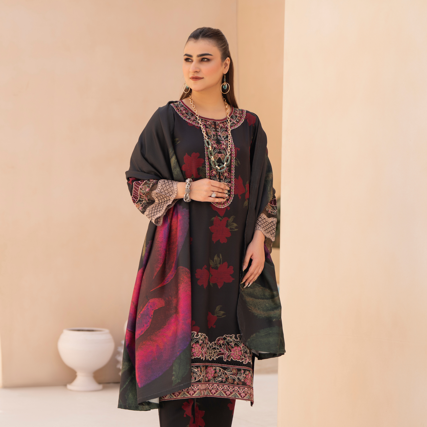 RA-24 Embroidered Printed Dhanak dress with Wool Shawl  by Raniya.h