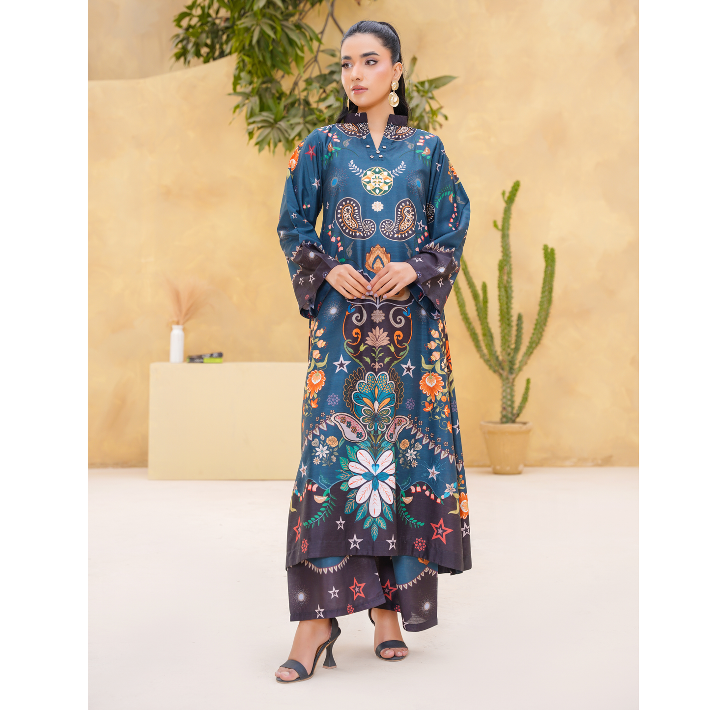 UA-157 Printed Slub Khaddar Kaftan Co-Ord Set | Winter 2 Piece Outfit