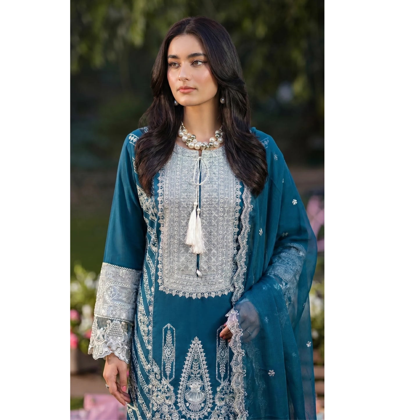 UB-02 3 Pc Embroidered Linen Dress With Embroidered Chiffon Dupatta  By UB