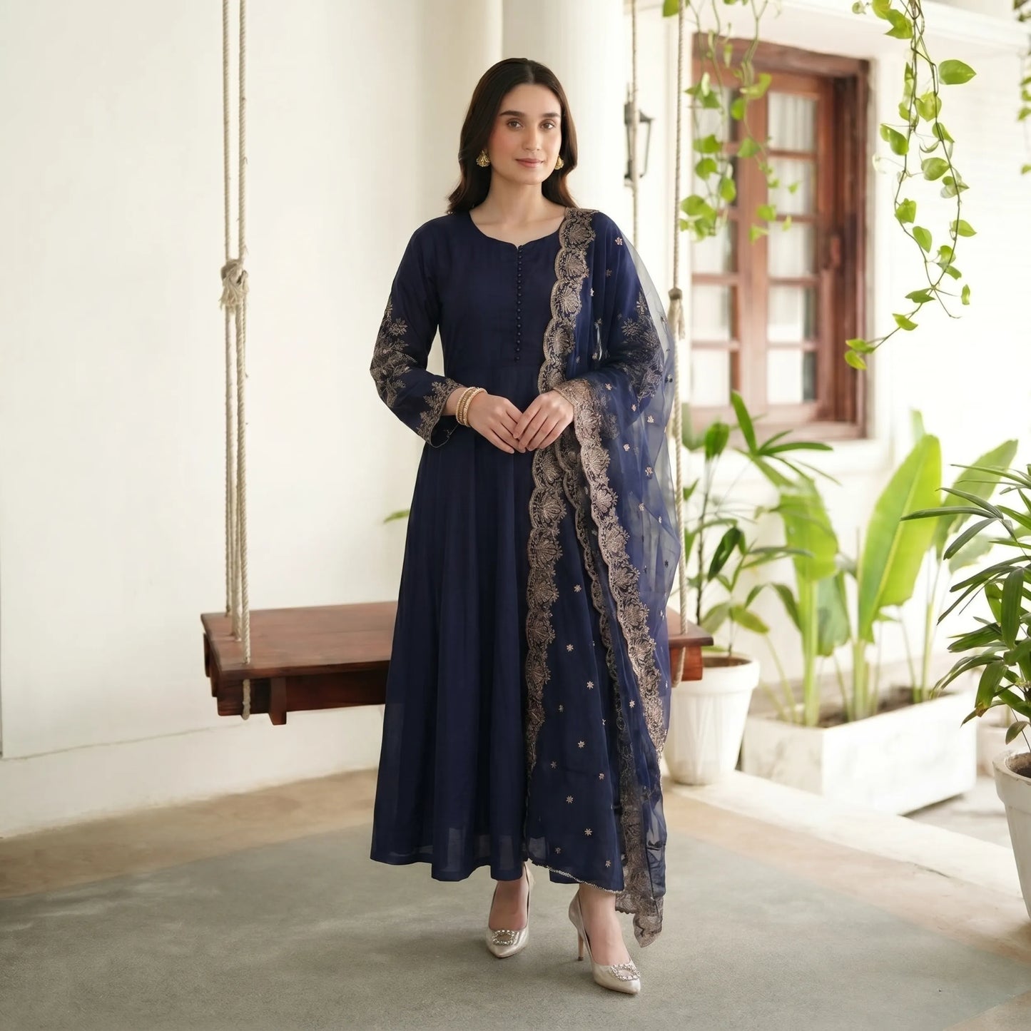 Embroidered Linen Long Frock Dress with Heavy Embroidered Chiffon Dupatta (UMNAA)