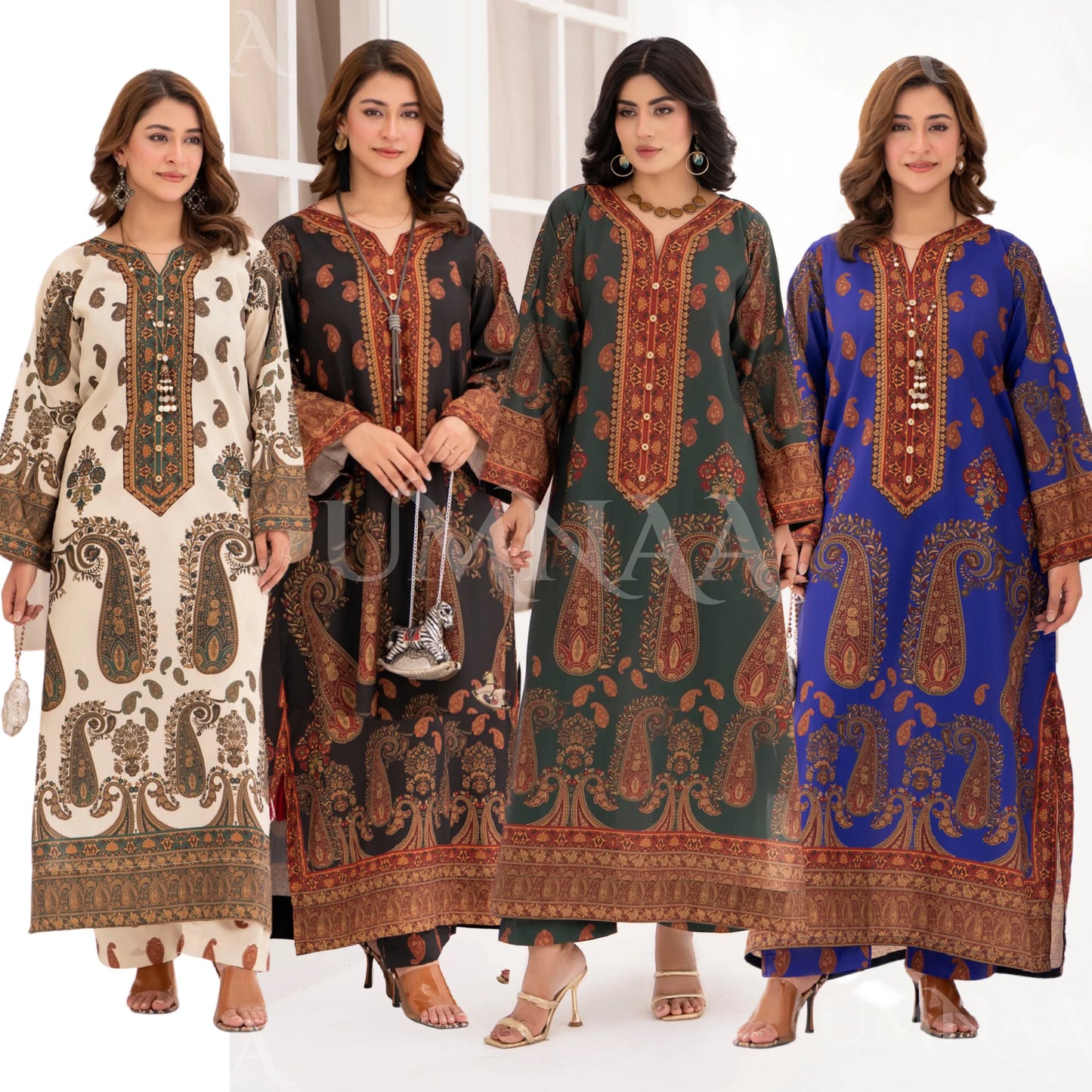 UA-215 " Printed Poly Silk Lawn Kaftan Style Co Ord Set Collection by Umnaa | Ready to Wear Pakistani Asian clothes