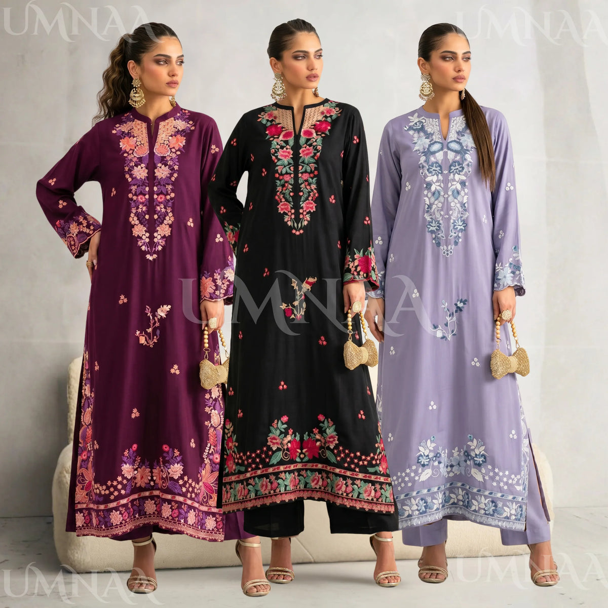 UTT-22 Embroidered Viscose Linen Kaftan Style 2 Piece Co Ord Set Collection by Traditional Thread