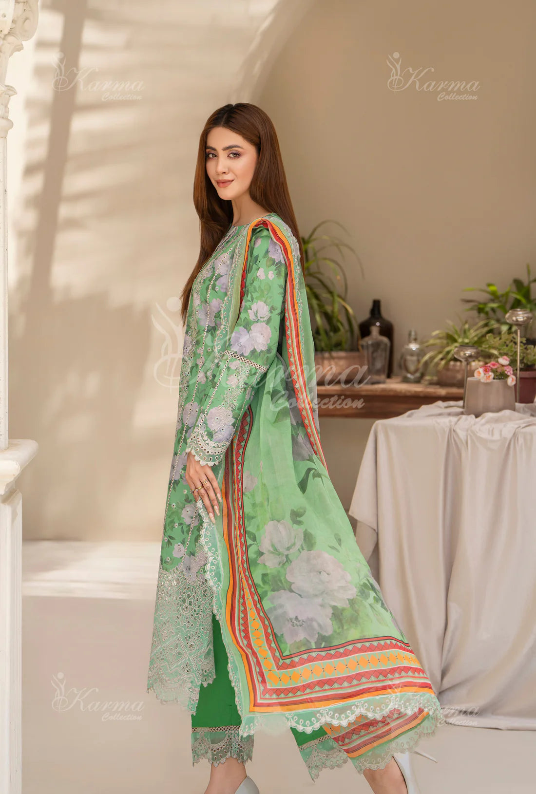 (Mint Green) Printed Chikenkari Cotton Lawn 3 Pc - Karma Collection