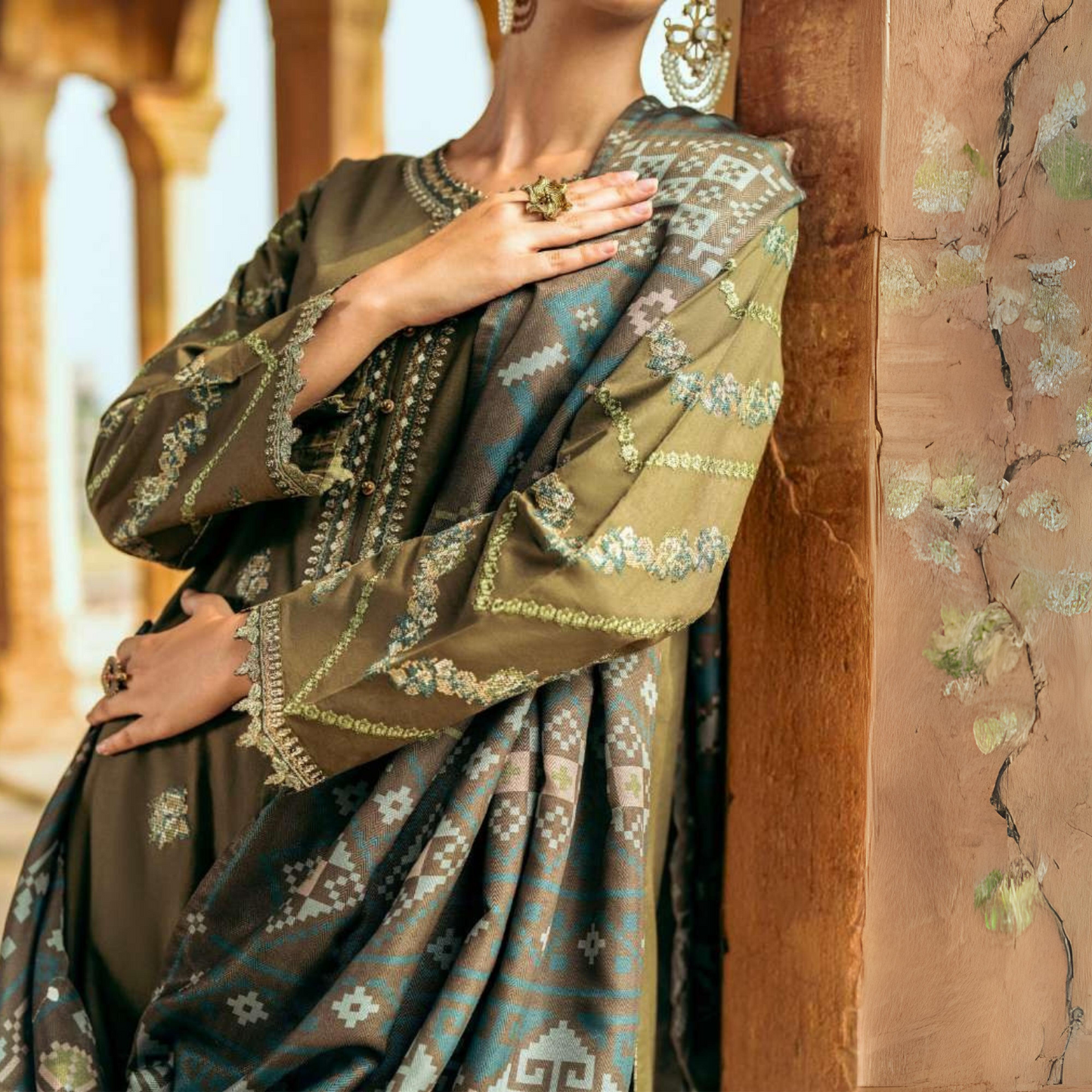 Olive Green 3 Piece Embridered Dhanak Ready to Wear Collection by Casuallite | UMCAE0606