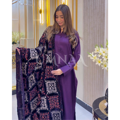 UA-32 Dhanak Dress  Embroidered Velvet Shawl  3 Pc | Ready to wear | UMNAA