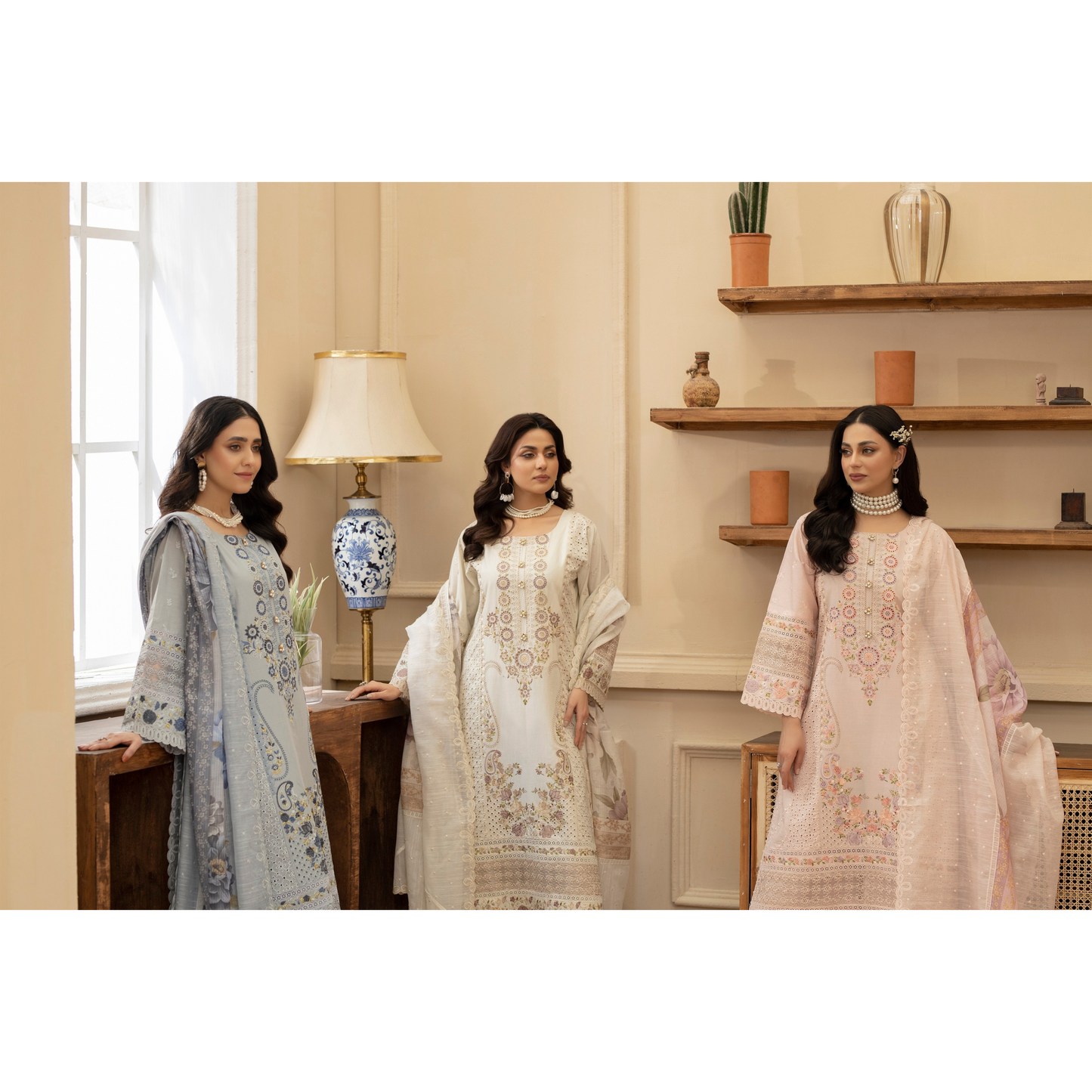 KC-1434 Embroidered Chikenkari Cambric Cotton Dress Ready to Wear 3 Pc - Karma Collection