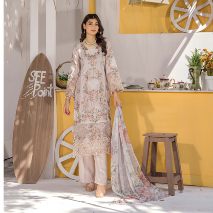 Floral Embroidered Viscose Linen 3 Pc Pakistani Dress | Ready to wear | Traditional Thread