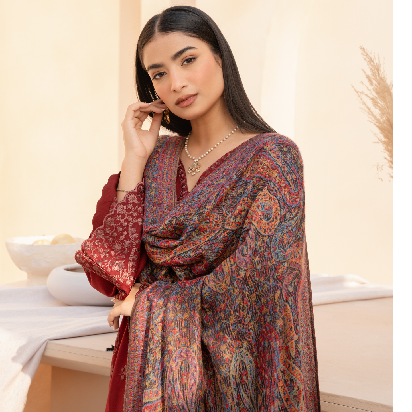 UA-140 Embroidered Dhanak Dress with Pashmina Shawl | Ready to Wear | Asian Clothes