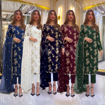 UA-26 3 Piece Embroidered Chiffon Party wear Pakistani Dress | Umnaa