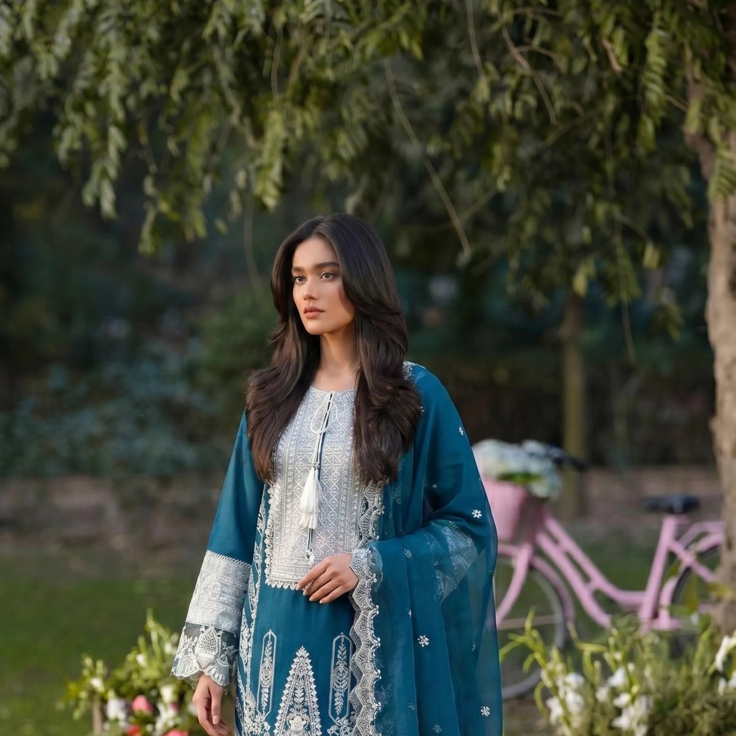 UB-02 3 Pc Embroidered Linen Dress With Embroidered Chiffon Dupatta  By UB