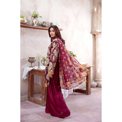 UA-225 Trendy Indian Armani Silk 3 Piece Suit by Umnaa | Embroidered Kameez with Shamoos Silk Shararah & Apple Silk Dupatta | Festive & Party Wear
