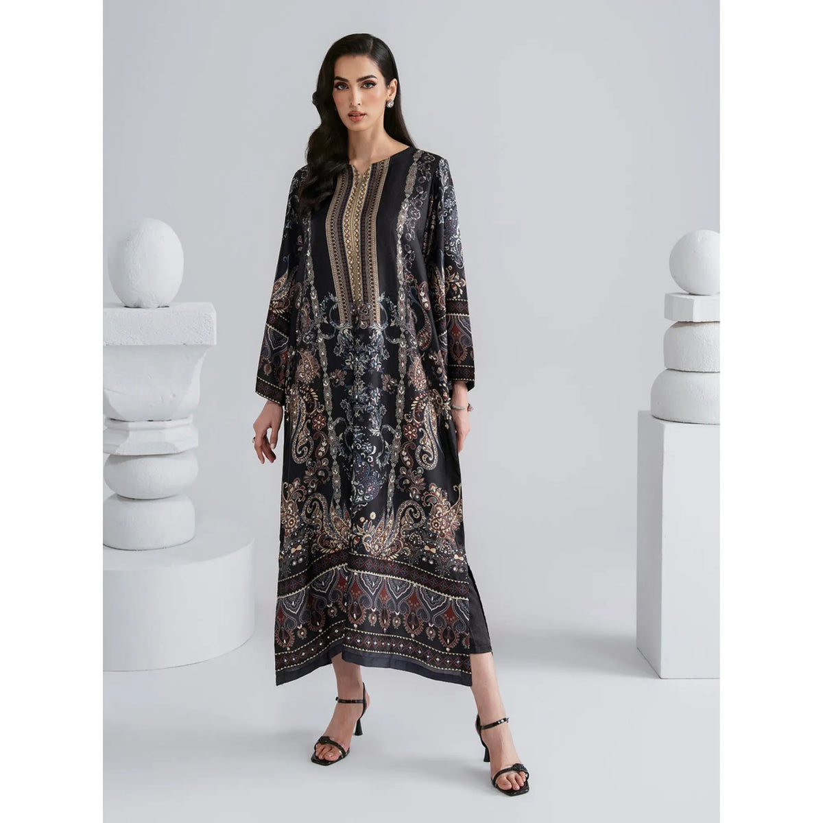 UAL-08 Printed Silk Kaftan with Trouser 2 Pc Set | Ally's