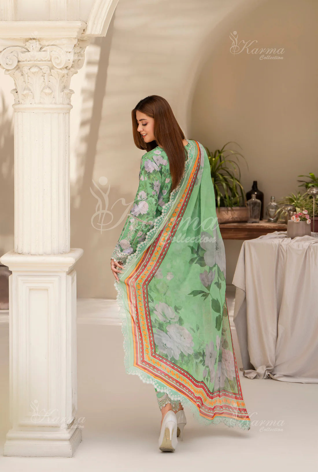 (Mint Green) Printed Chikenkari Cotton Lawn 3 Pc - Karma Collection