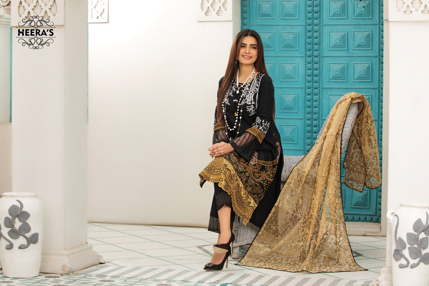 (MM. BLACK BY K.H) 3 Pc Embroidered Cambric Cotton Suit-Heera's