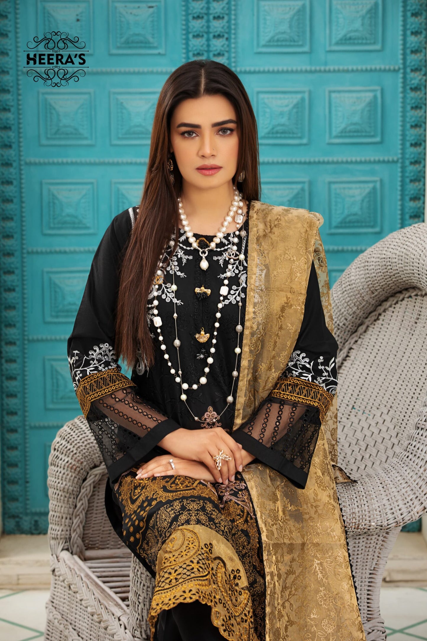 (MM. BLACK BY K.H) 3 Pc Embroidered Cambric Cotton Suit-Heera's