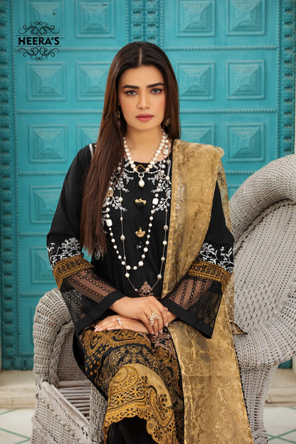 (MM. BLACK BY K.H) 3 Pc Embroidered Cambric Cotton Suit-Heera's