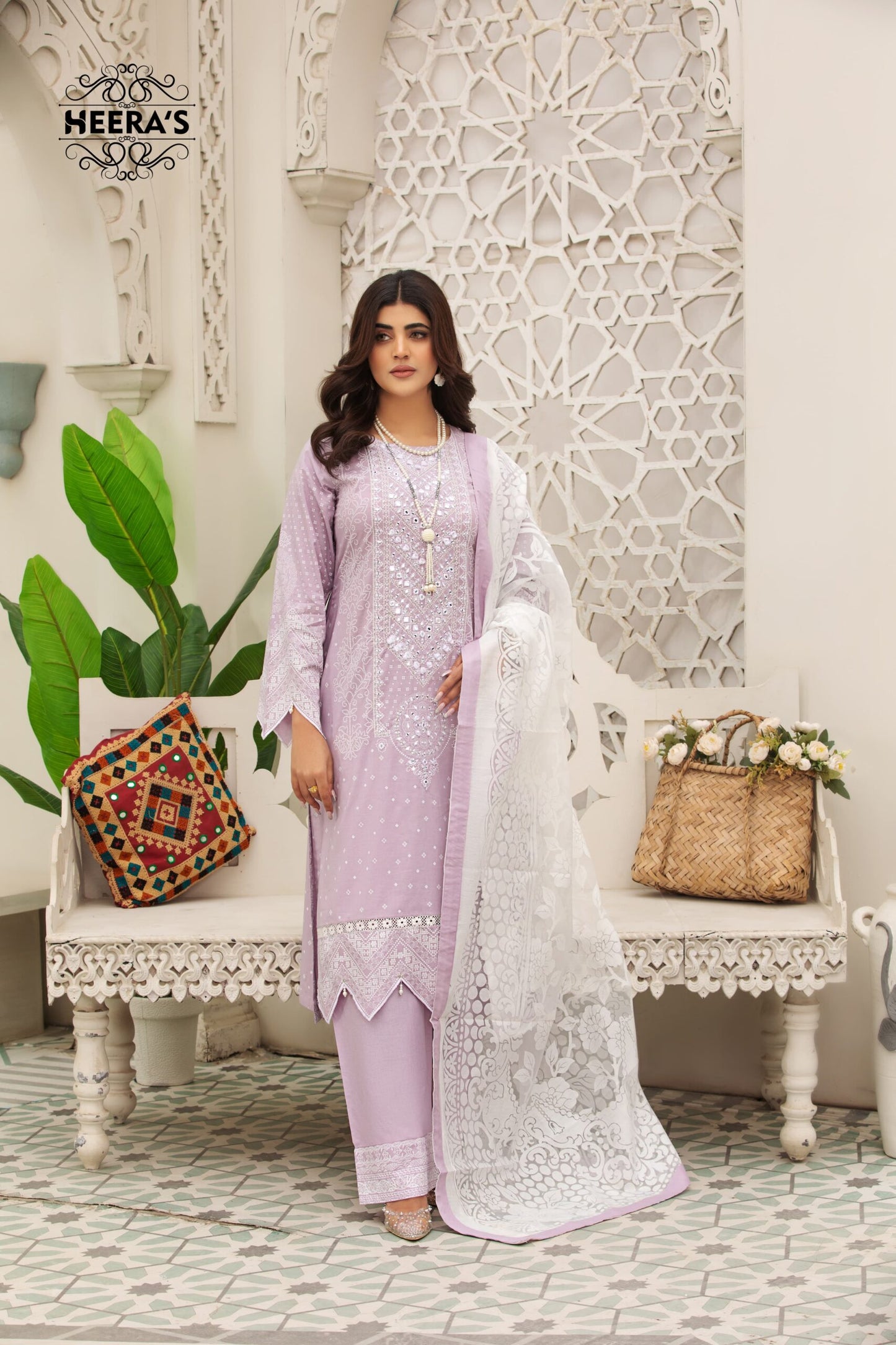 (LILAC Z.J) 3 Pc Embroidered Cambric Cotton Suit-Heera's
