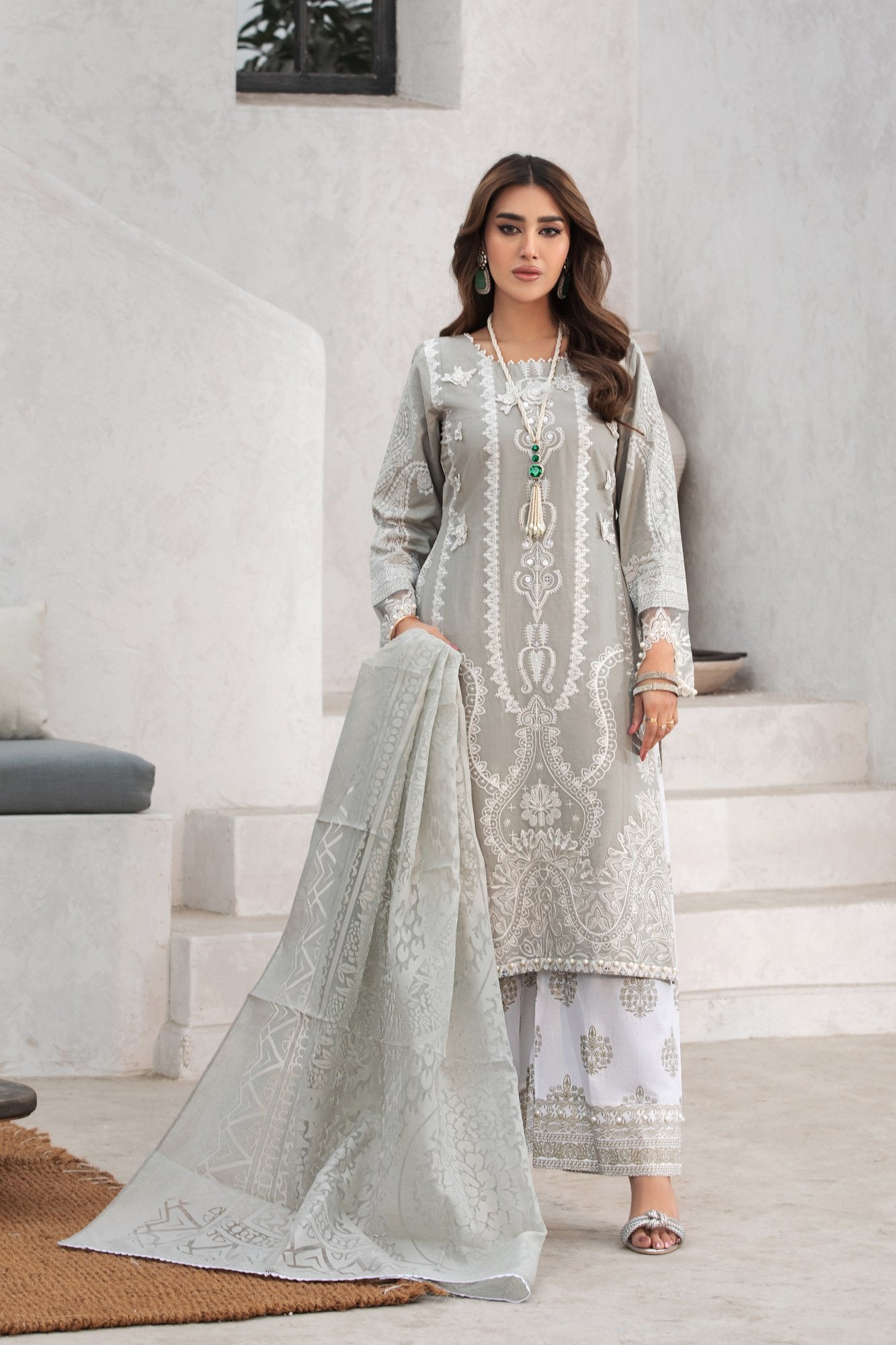 (GREY S.H) 3 Pc Embroidered Cambric Cotton Suit-Heera's