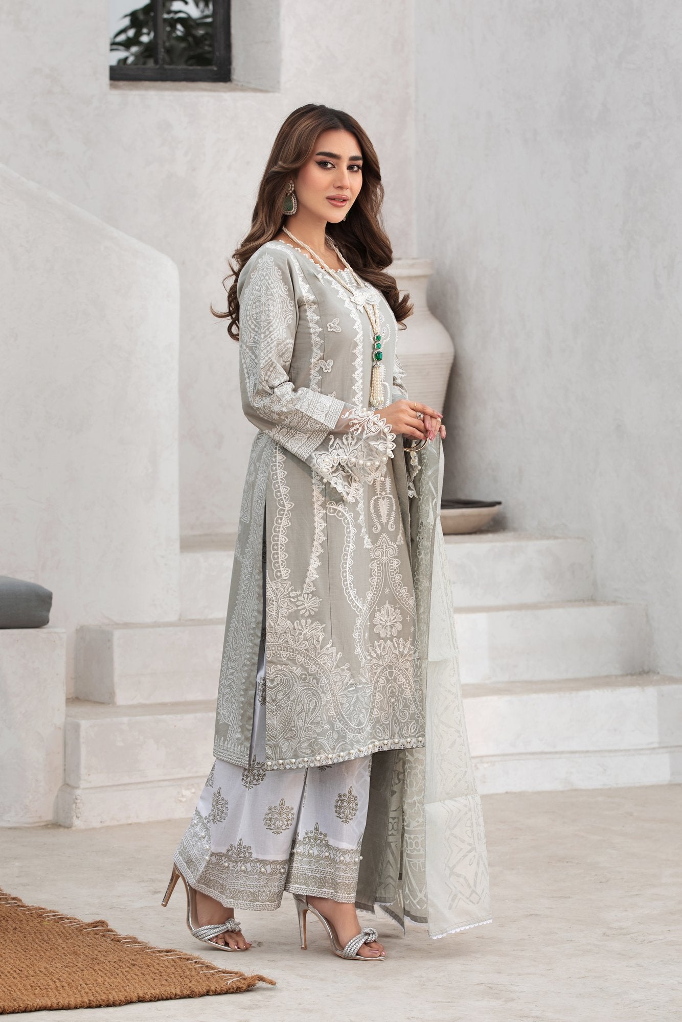 (GREY S.H) 3 Pc Embroidered Cambric Cotton Suit-Heera's