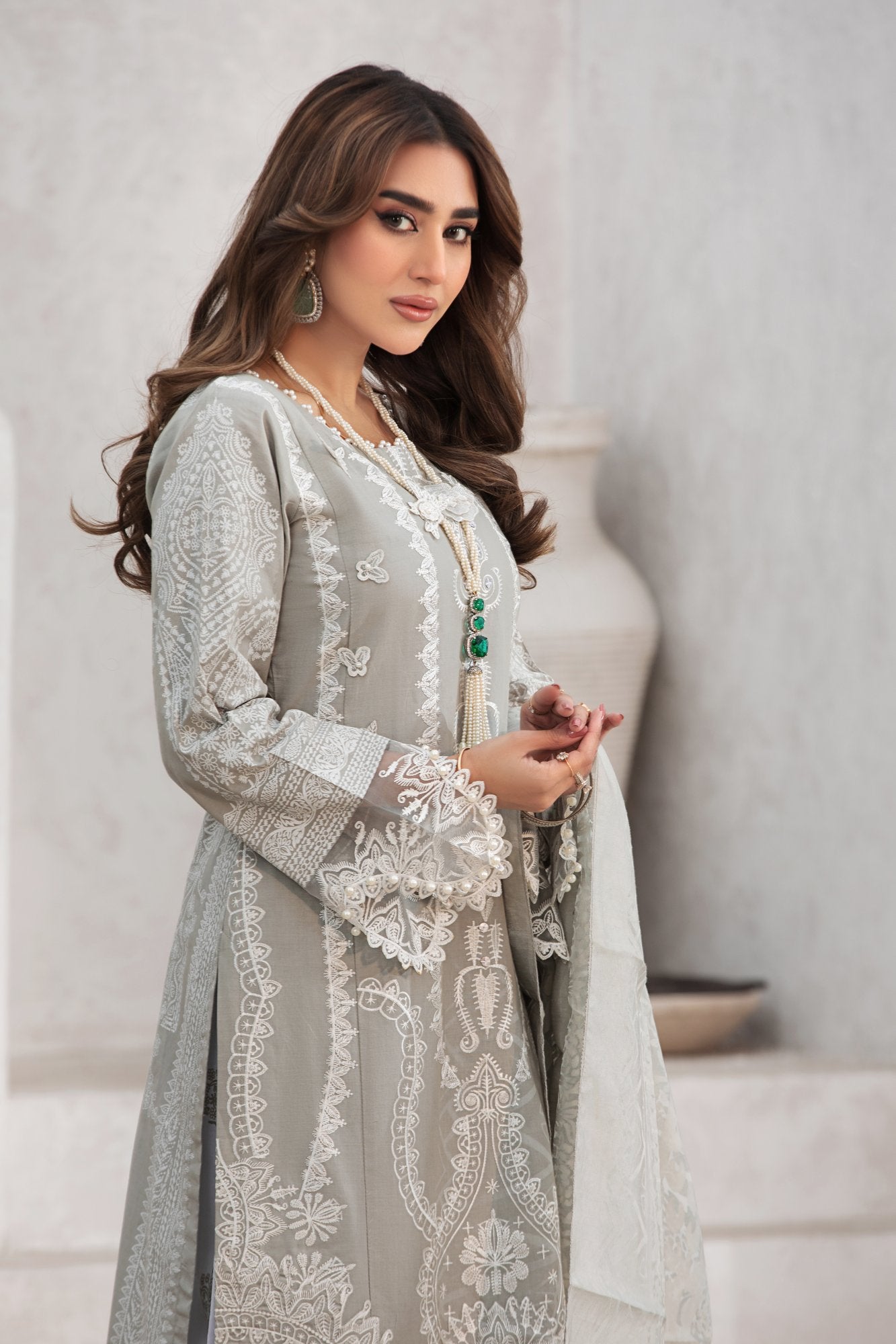 (GREY S.H) 3 Pc Embroidered Cambric Cotton Suit-Heera's