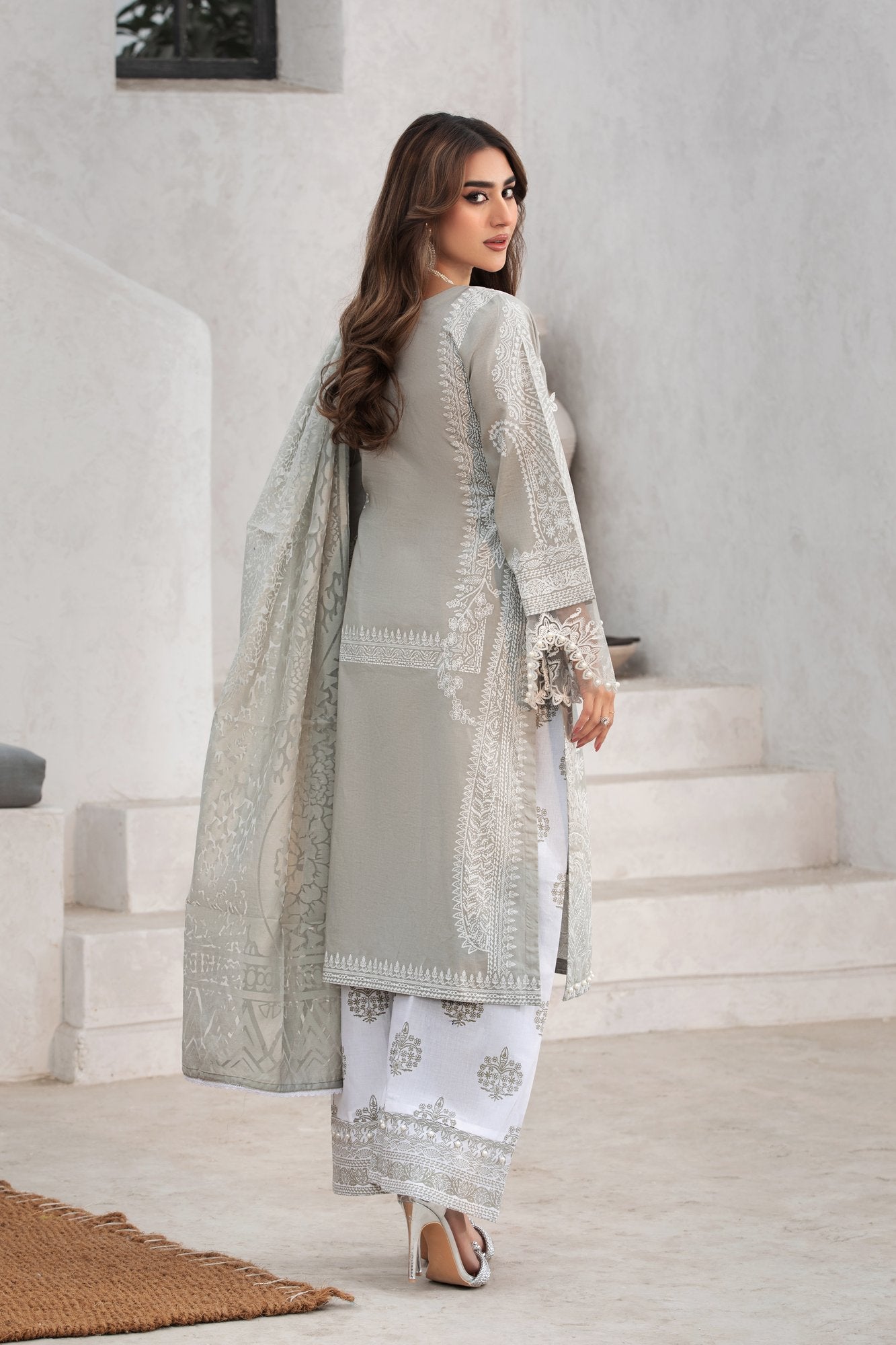 (GREY S.H) 3 Pc Embroidered Cambric Cotton Suit-Heera's