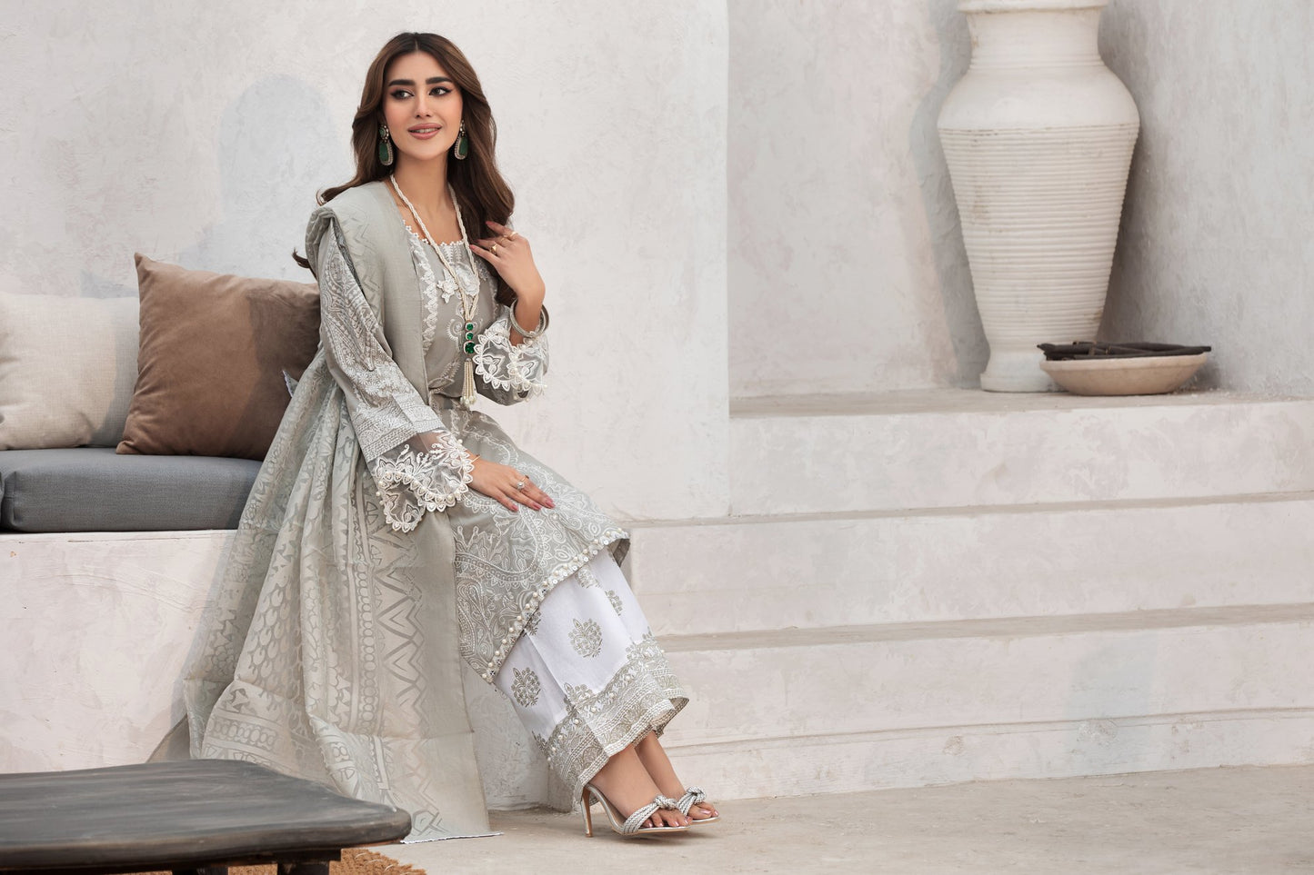 (GREY S.H) 3 Pc Embroidered Cambric Cotton Suit-Heera's