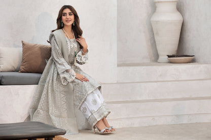(GREY S.H) 3 Pc Embroidered Cambric Cotton Suit-Heera's