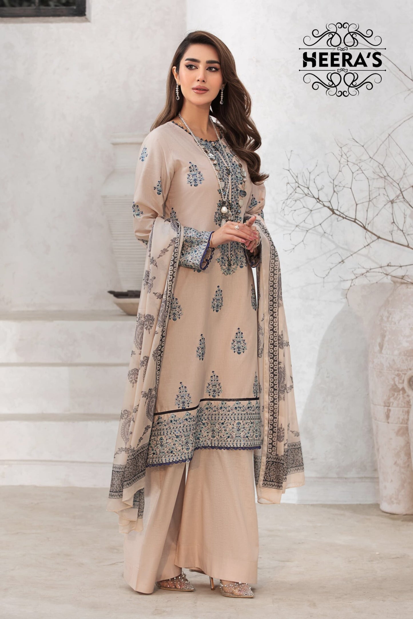 (SUMMER BLOOM) 3 Pc Embroidered Cambric Cotton Suit-Heera's