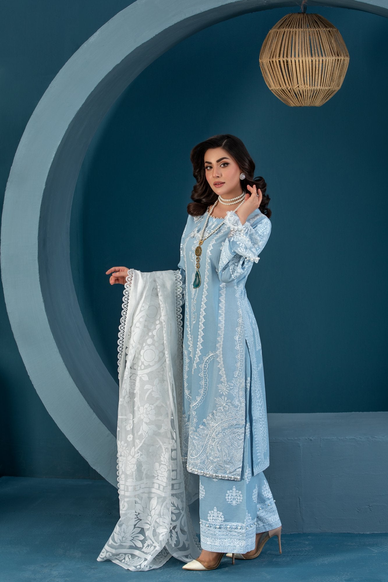 (SKY BLUE) 3 Pc Embroidered Lawn Dress-Heera's
