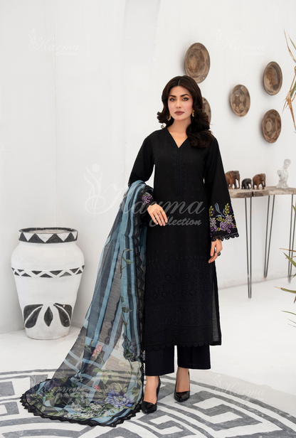 KC- 1389 | Black | 3 Pc | Chikenkari Cotton Lawn | Karma Collection l
