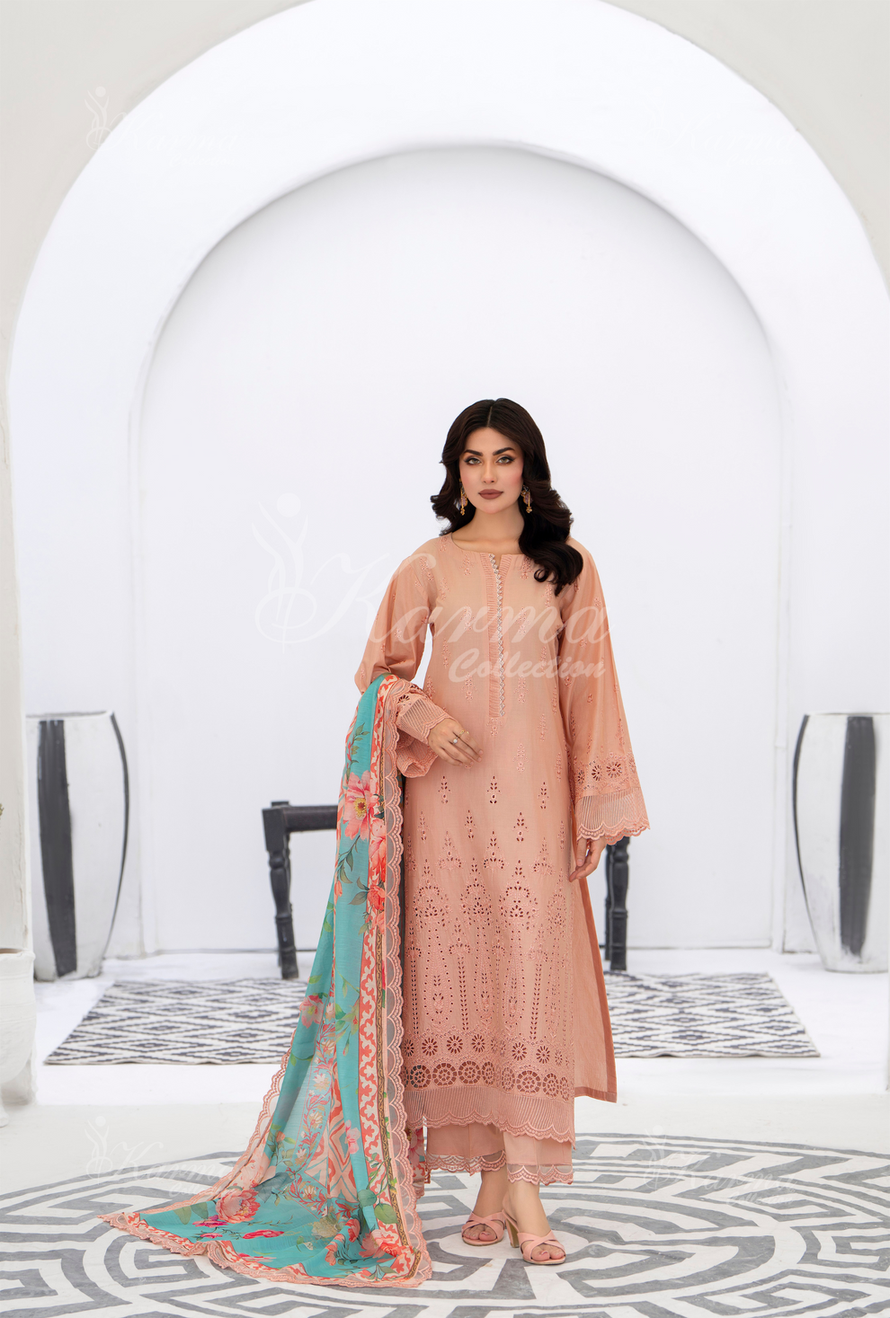 KC- 1390 | Light Salmon | 3 Pc | Chikenkari Cotton Lawn | Karma Collection