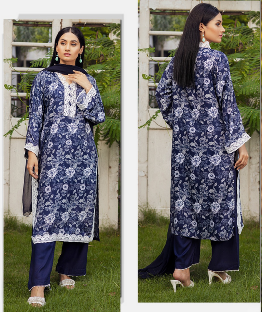 Blue & White | Printed Linen Shirt & Trouser With Chiffon Dupatta| Ready to Wear 3 Pc dress - Rangz