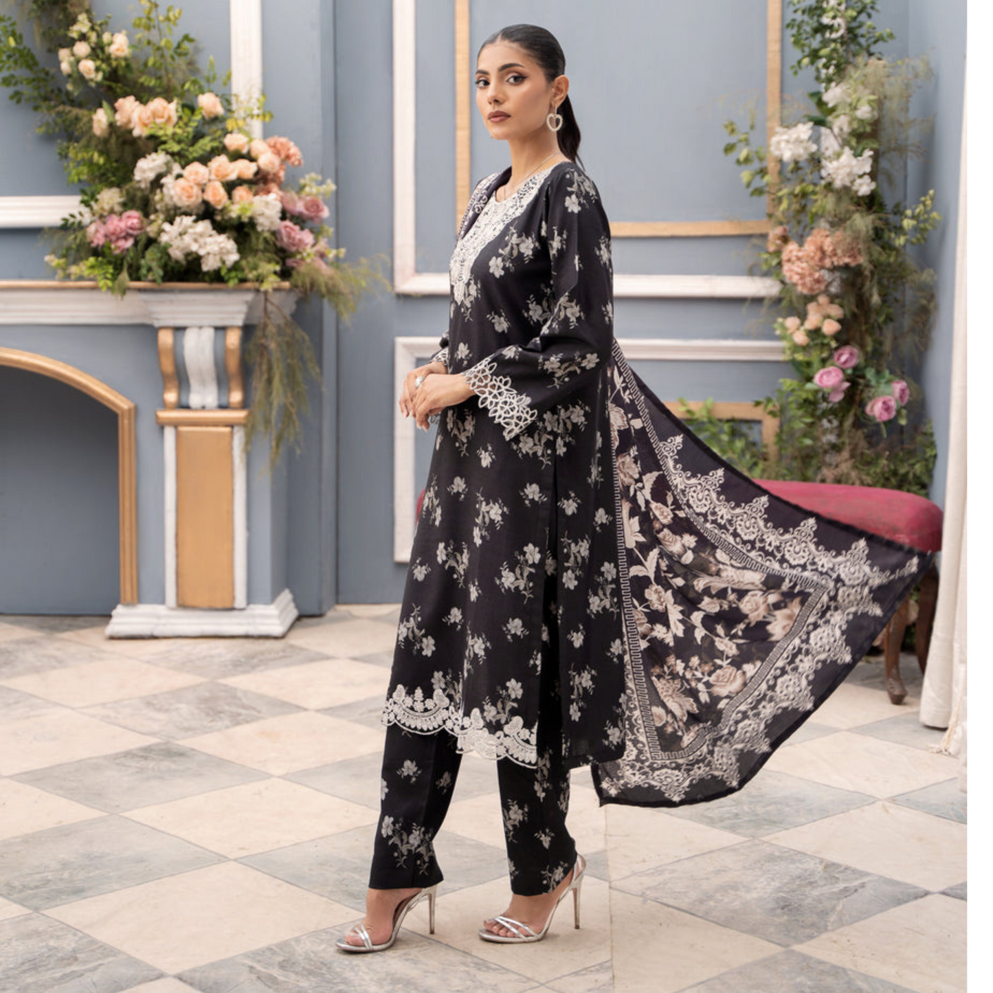 (Black) Embroidered Printed Dhanak Dress with Dhanak Shawl | Winter Collection | Raniya.h